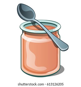 A jar of fruit puree with cream isolated on white background. Vector cartoon close-up illustration.
