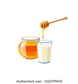 A jar full of honey, a honey dipper and a glass of milk. Vector illustration cartoon flat icon isolated on white.