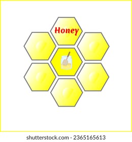 jar full of honey and wooden stick on Fragment of honeycomb