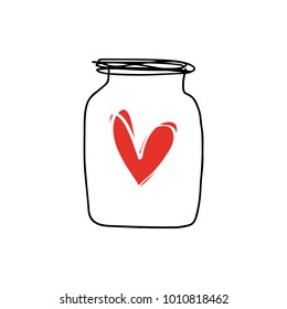 Jar, funny Valentine's day card, hand drawn heart. Decor element, love symbol. Vector, clip art.