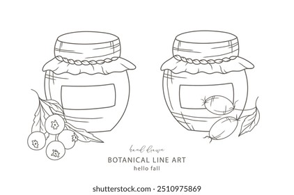 Jar Glass with berries and cakes. Fall arrangements isolated on white. Glass of Jar line art ilustration. Fall Hand Drawn Outline. Fall Coloring Page. Traditional Thanksgiving Graphics