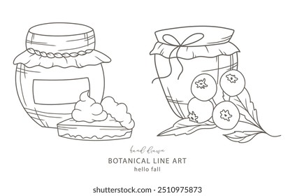 Jar Glass with berries and cakes. Fall arrangements isolated on white. Glass of Jar line art ilustration. Fall Hand Drawn Outline. Fall Coloring Page. Traditional Thanksgiving Graphics