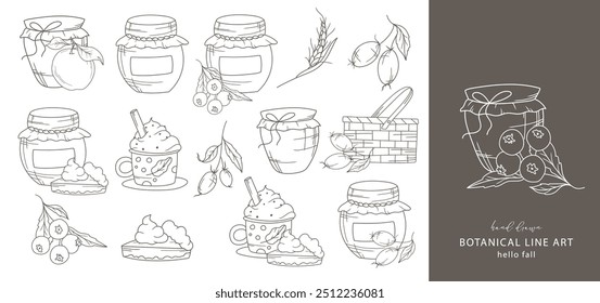 Jar Glass with berries and cakes. Fall arrangements isolated on white. Glass of Jar line art ilustration. Fall Hand Drawn Outline. Fall Coloring Page. Traditional Thanksgiving Graphics