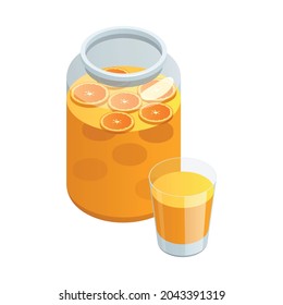 Jar and glass of homemade lemonade isometric icon on white background vector illustration