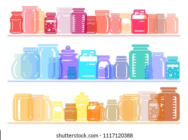 Jar glass for jam or honey colorful shelf collection Simple illustration of jar set. Colorful flat transparency light vector illustration for web or print design.
