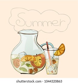 Jar and glass of lemonade with straw, cubes of ice and many pieces of fruits, branch of cherry.  In the top of picture summer letter in a cloud frame. Vector illustration depicts summer thirst