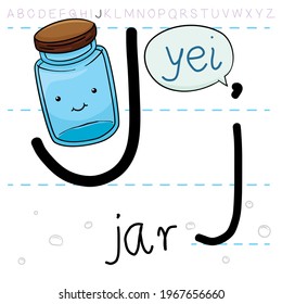 Jar in glass with smiling face ready for its grammar lesson practicing the letter 'J' pronunciation in English.