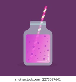 Jar of glass and straw. Summer drink with bubbles. Purple background. Vector design.