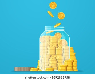 Jar with gold coins. Dollar coin saving, money saving, crisis, investment.