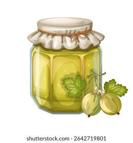 Jar of gooseberry jam. Hand drawn, isolate on white background, clip art, vector illustration.