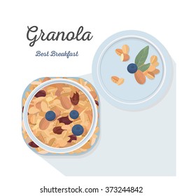 A jar of granola with blueberries, healthy breakfast. Vector illustration.