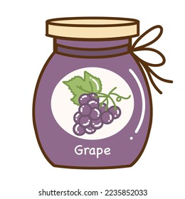 Jar of grape jelly. Hand drawn flat fruits cartoon vector illustration isolated on white background.