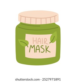 Tarro de máscara de pelo redondo verde. Ilustración plana de una crema para el cuidado del cabello, máscara para el cabello, ungüento terapéutico, embalaje de productos cosméticos o médicos. Forma con un nombre y hojas. Artículo de baño aislado