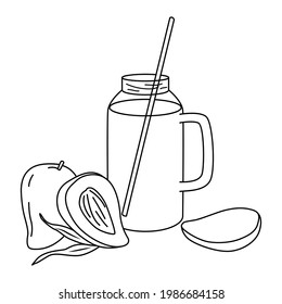 A jar with a handle and a straw. Mango juice or smoothie. Whole and cut mango fruit. Contour hand drawn illustration in doodle style. Vector