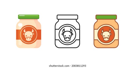 Jar of healthy baby food with beef. Set of kids nutrition icons. Vector flat and outline illustrations isolated on white background