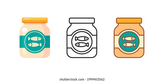 Jar of healthy baby food with fish paste. Set of kids nutrition icons. Vector flat and outline illustrations isolated on white background