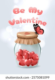 Jar with hearts. Cute banner or greeting card about love. Happy valentine design vector illustration.