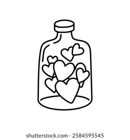 Jar with hearts inside, isolated on white. Vector black and white illustration.