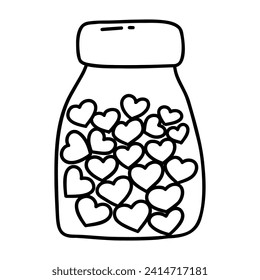 Jar with hearts inside. Valentines Day. Confession of feelings. Black and white vector isolated illustration doodle hand drawn. Holiday 14th of February. Icon or card. Love element