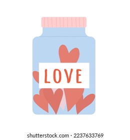 Jar with hearts. Love celebrating date, valentine day, romantic gift vector illustration
