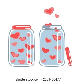 Jar with hearts, love romantic illustration, Valentine day, flat color illustration, isolated on the white background 