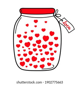 Jar of hearts. Love jar. Valentine's Day. Declaration of love. Happy Birthday. Vector hand drawn illustration. For greeting card, sticker, holiday design, poster, flyer.