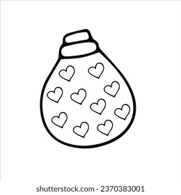 A jar with hearts. A magical love potion. Vector black and white hand-drawn doodles. Template design, sketch, icon, clipart.