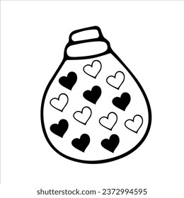 A jar with hearts. A magical love potion. Vector black and white hand-drawn doodles. Template design, sketch, icon, clipart.