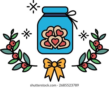 A jar with hearts on it is surrounded by leaves and a bow. The jar is filled with hearts, and the leaves and bow add a festive touch to the scene