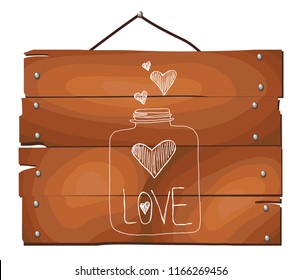 jar with hearts on wooden plank background, doodle sketch. Hand drawn mason jar. Contour sketch. Vector illustration.