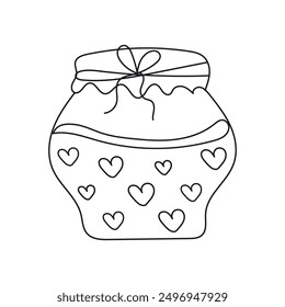 Jar with hearts, one line. Vector illustration of charity, love, support concept with continuous line hand drawn icon.