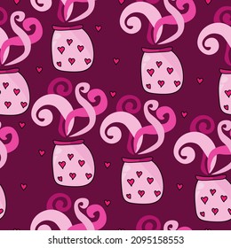 Jar with hearts seamless pattern, ornate curls and containers for Valentines day on a dark pink background vector illusration