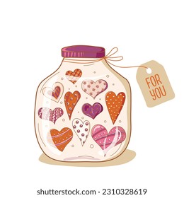 jar with hearts. Valentine's Day. Design for wedding invitations and Valentine's Day. Jar.Harts. Symbol of love. Hand-drawn. Vector illustration.