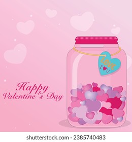 Jar of hearts Valentine's day greeting card. Happy valentine's day card. Cute card with glass jar with hearts. Romantic postcard with love. Vector illustration. 