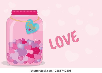  Jar of hearts Valentine's day greeting card. Happy valentine's day card. Vector illustration of a jar for valentine's day for postcard, textile, decor, poster. Love message. Greeting card.