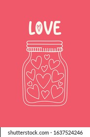 Jar Of Hearts. Vector Linear Illustration For Love Greeting Card With Phrase.