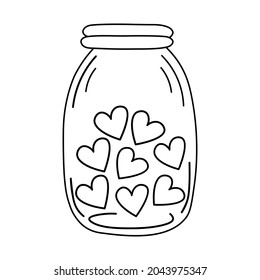 Jar with hearts. Wedding and romance concept. Vector illustration in doodle style isolated on white background. Element for postcard, logo, icon, web, invitation, decor.