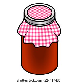 A jar of home made jam covered with a red checked cloth. Red strawberry.