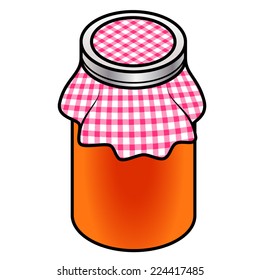 A jar of home made jam covered with a red checked cloth. Red orange mixed fruit, citrus, berries.