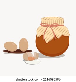 jar of homemade jam and fresh chicken eggs