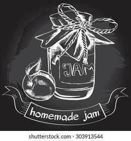 Jar of homemade jam tied with twine, hand drawn vector Illustration. Poster on a blackboard.