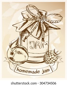 Jar of homemade jam tied with twine. Vintage style, hand drawn vector Illustration. 
