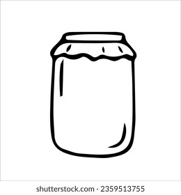 Jar of homemade jam. Vector black-and-white hand-drawn illustration. Isolated object. Clipart, template, sketch, icon, logo. a shadow.