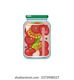 Jar of homemade pickled tomatoes on white background