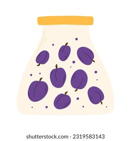 A jar of homemade plum jam. Plum marmalade. Jar of jam isolated on white background. Vector illustration in a flat style.