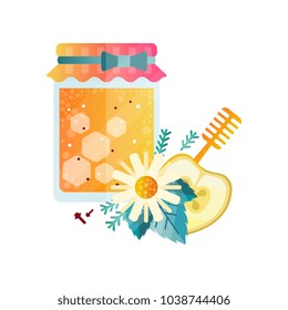 Jar of honey, apple, chamomile and spices vector Illustration on a white background