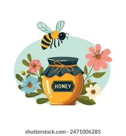 A jar of honey with a bee and flowers, A container of honey showcasing a bee and floral embellishments.