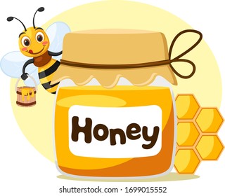 Jar of honey with a bee and honeycombs on a white