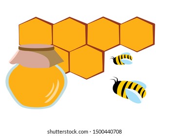jar of honey and a bee on the background of honeycomb