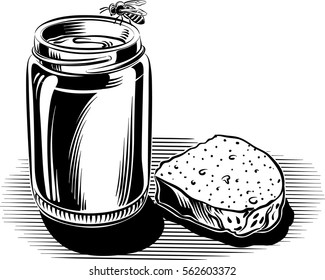 Jar of honey bee resting, and a slice of bread